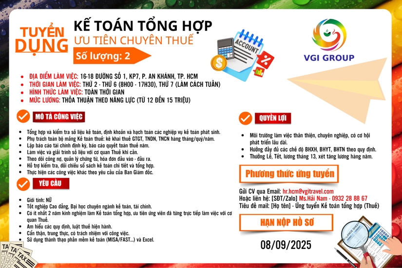 TUYỂN DỤNG KẾ TOÁN TỔNG HỢP – CHUYÊN VỀ THUẾ