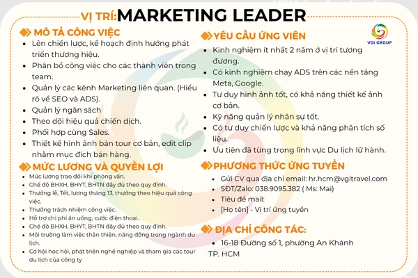VỊ TRÍ: MARKETING LEADER - TRƯỞNG PHÒNG MARKETING